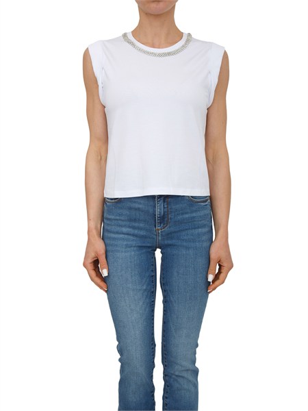 t shirt fracomina in cotone bianco con strass a collana fr26st3047j41801