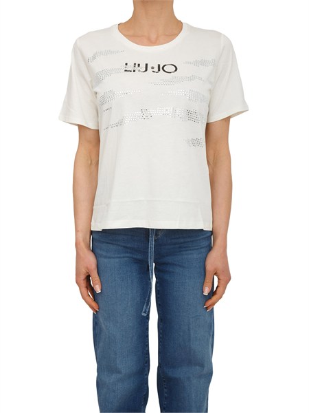t shirt liu jo donna in cotone bianco con logo e strass ta6265js923