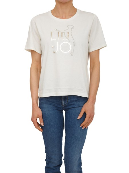 t shirt liu jo donna in cotone bianco panna con logo e strass ta6265js923