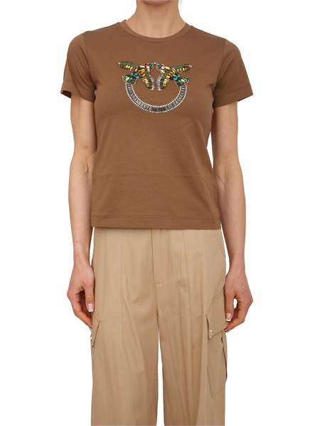 t shirt quentina pinko in cotone marrone con logo strass quentina33f
