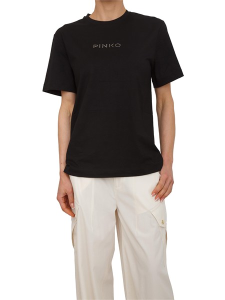 t shirt strepitoso pinko in cotone nero con strass maxi lettering e logo strepitosoa33s