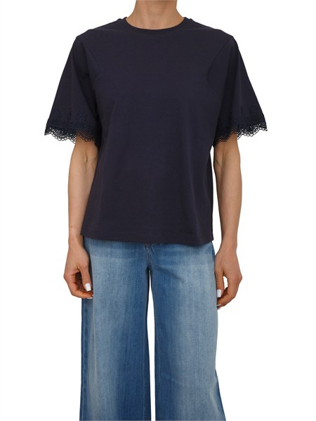 t shirt twinset in cotone blu con maniche pizzo 261tp2110