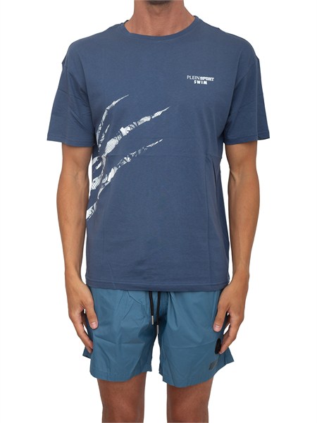 t shirt uomo plein sport swim in cotone blu con stampe ps26mts04