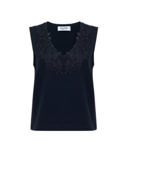 top blugirl in cotone stretch blu con scollo pizzo ra6152j5003