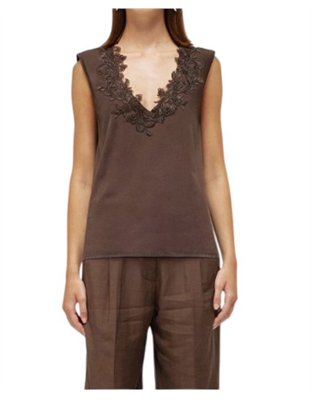 top blugirl in cotone stretch marrone con scollo pizzo ra6152j5003