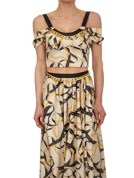 top elisabetta franchi in cotone crema con stampa catene e logo to04561e2