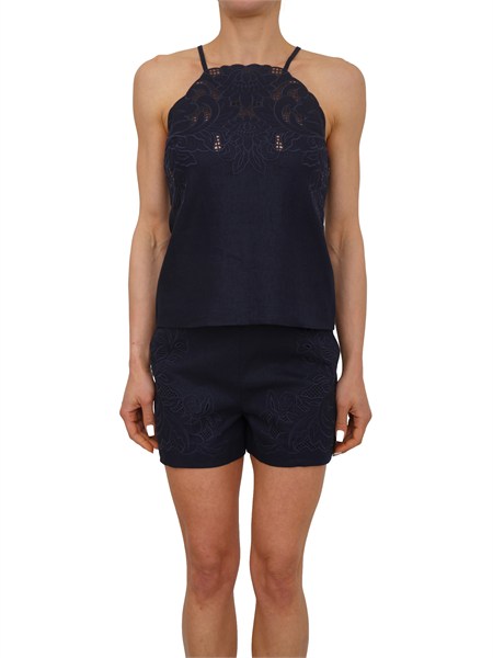 top twinset in misto lino e viscosa blu con ricamo 261tp2311