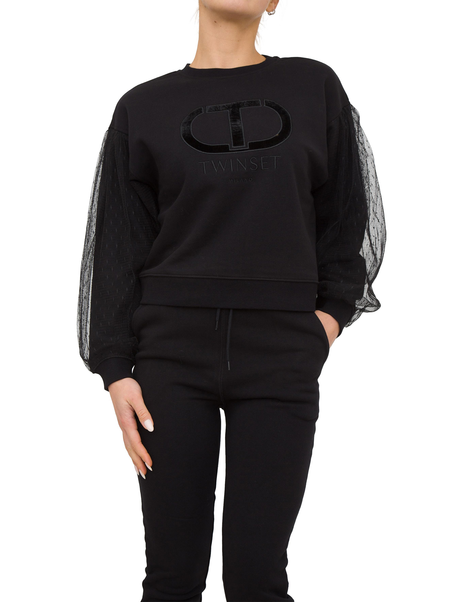 FELPA GIROCOLLO CON MANICA IN PLUMETIS NERO Glamour Store