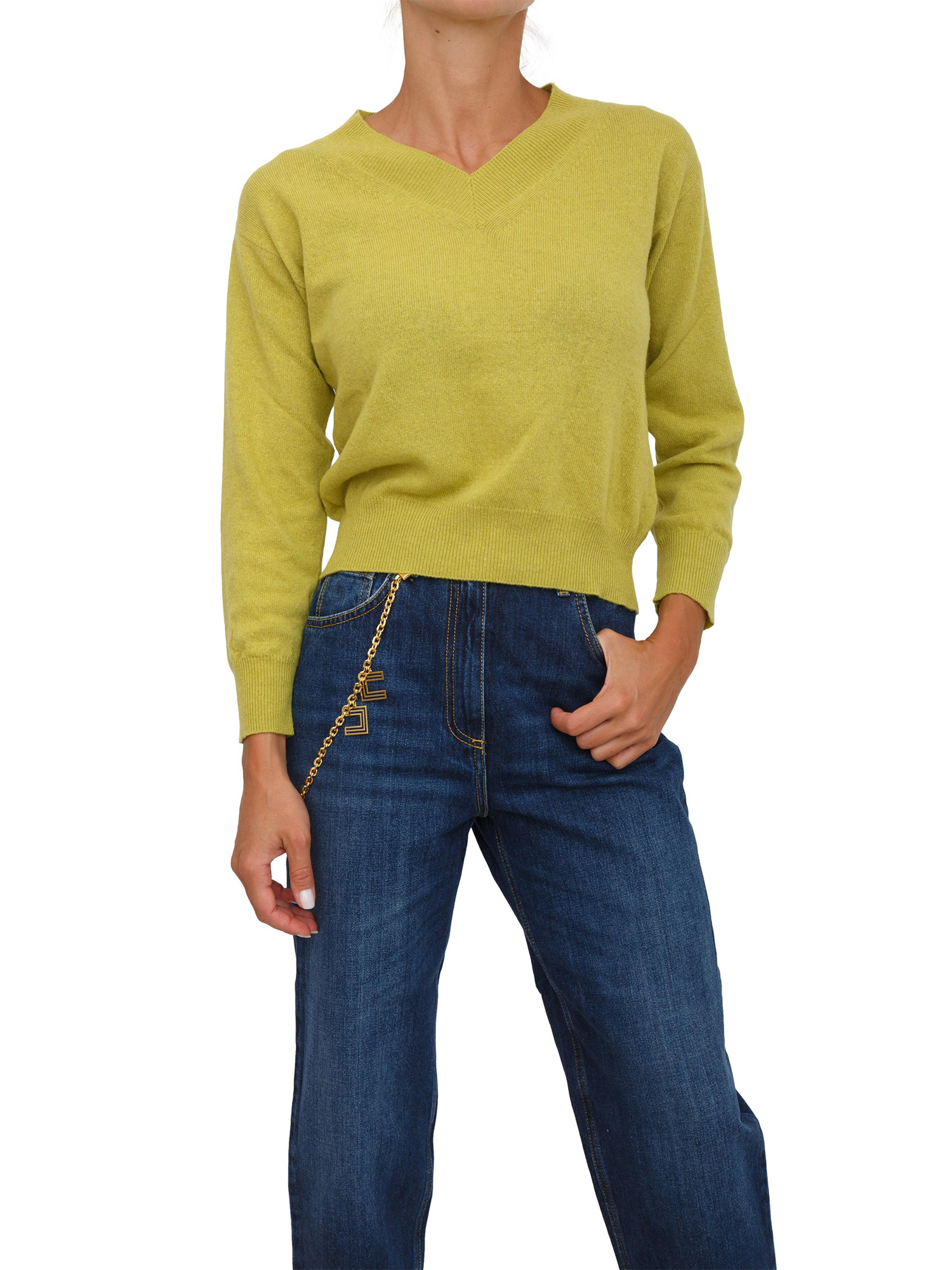 Maglietta Donna Scollo A V Con Jeans - Top Casual In Misto Cotone, Maniche Corte, Colore Verde (L)